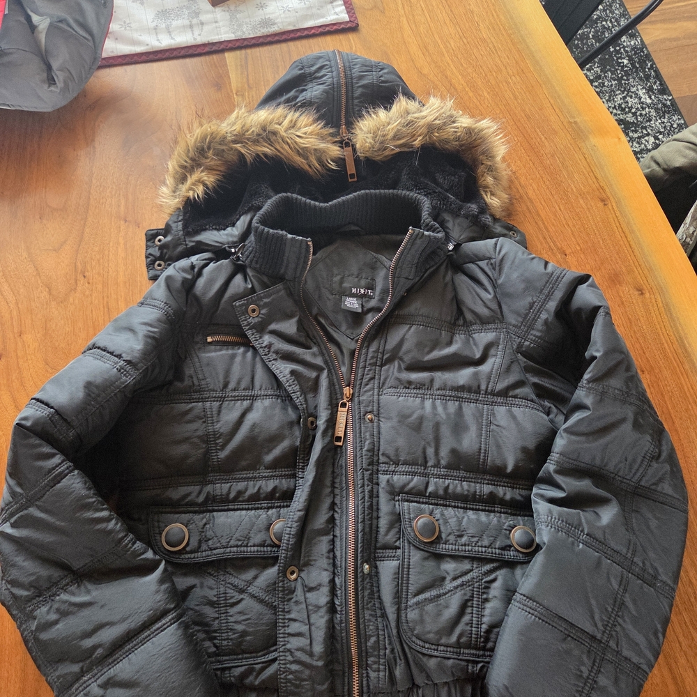 Mixit Black Puffer Jacket with Faux Fur Hood